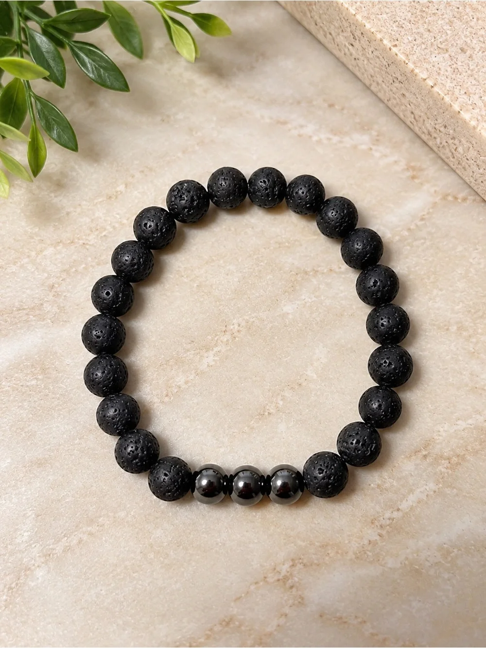 Black Lava Stone Beaded Bracelet with Hematite Accent -